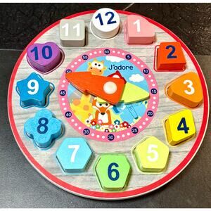 J'adore Wood Learning Clock Puzzle numbers colors matching shape sorter